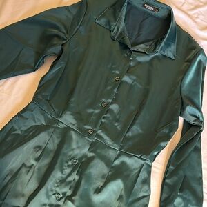 Satin Statement Shoulder Mini Shirt Dress